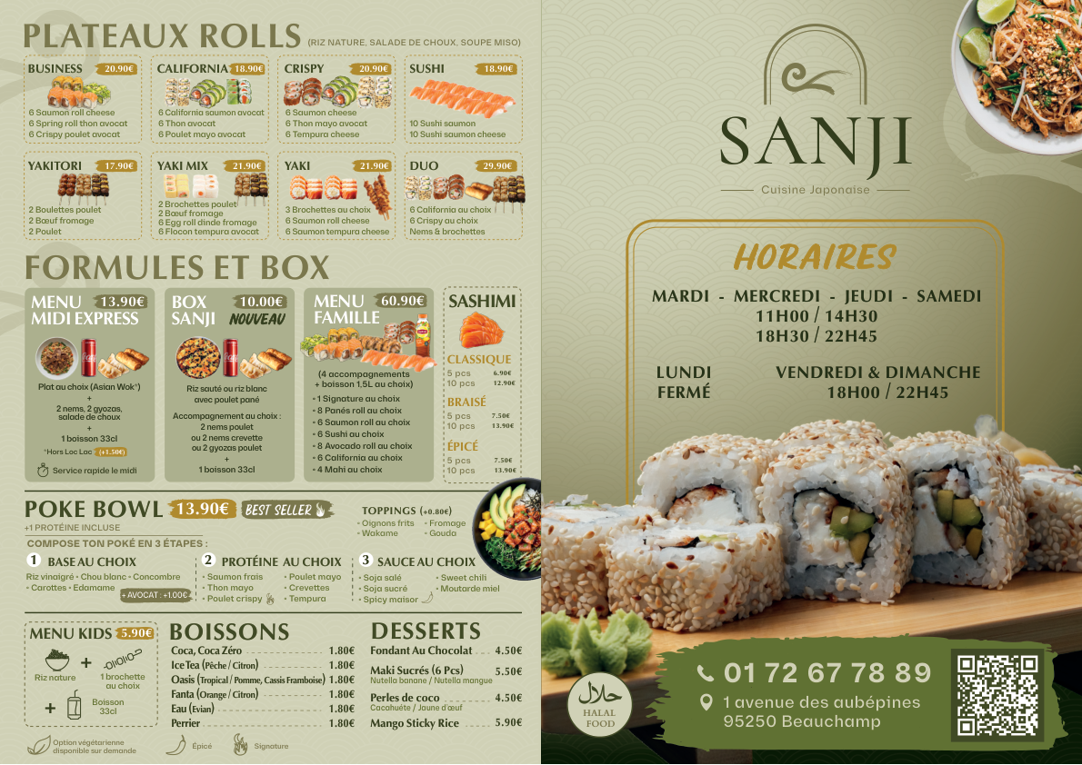 Menu Sanji : plateaux rolls, formules et box, poké bowl, boissons, desserts et horaires.